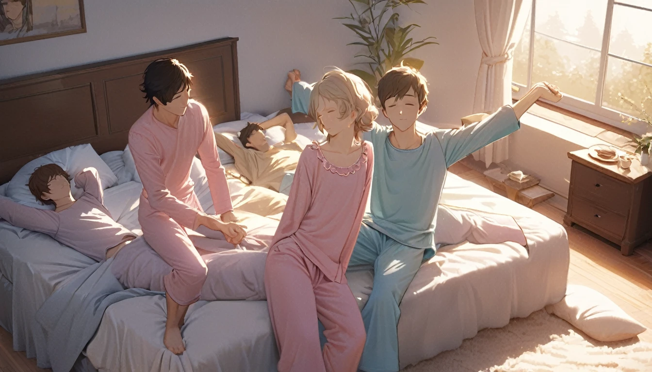 No smiles, Three guys only, agers, sleepover, sleepy, yawn, left perspective, Wearing pyjamas, stretching, (Bedroom), (morning), spring, masterpiece, 8K, no happy, White warm lighting, The perfect outfit, Perfect Anatomy, Correct anatomy, Perfect Eyes, Perfect Face, Sharp resolution, no smiles, guys only