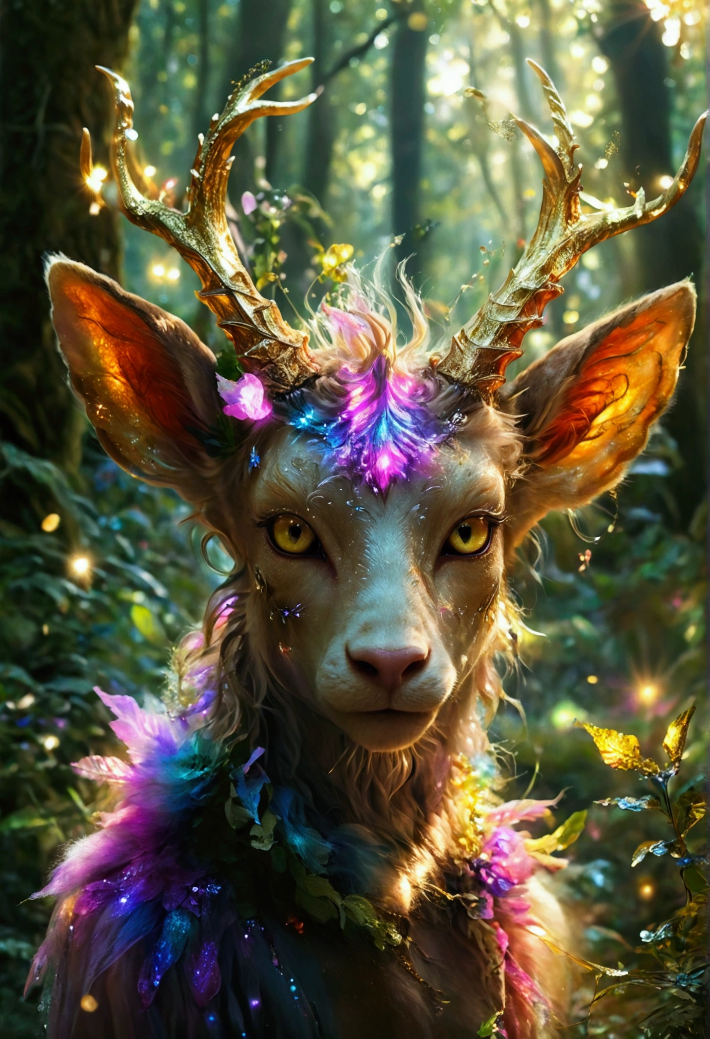 A beautiful, enchantingly elusive humanoid faun, every aspect exudes magic in the midst of danger: shimmering rainbow fur, ethereal golden horn, and eyes that seem to hold the secrets of the universe. The mystical creature is surrounded by a lush, enchanted forest, bathed in the soft light of the setting sun, creating a dreamlike atmosphere that transports viewers to a realm of fantasy and wonder. This breathtaking image is a digital painting that captures the essence of the mythical creature with stunning detail and masterful technique, making it a truly mesmerizing work of art.