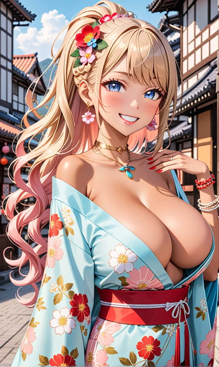 ultra-detailed, ((one girl)), (tan skin:1.6), in pastel colors gyaru, (heavy makeup), (professional lighting) hyper detailed, absurdres, 8K, Beautiful Face, (Laugh shyly), ((teasing smile:1.8)), ((Wink:1.7)), (Laugh with your mouth wide open),((Tilt your face:1.6)), View your viewers, ((Bright red cheeks:1.6)),Glossy Red Lips, ((Big Breasts:1.5)), ((undressing:1.2)), noon, Residential area on a festival day, ((Anime style background)),masterpiece, Highest quality, so beautiful,Latest, Complex details, ((Pastel pink long nails)), (nail art), (ring),(bracelet), (Floral Choker),AI-generated, Complex,High resolution, Highest quality, super high quality,3D Images、3D Images,One person,Blonde long hair,(High Ponytail), (wavy hair:1.3), Blonde anime woman posing for a photo, ((Fine grain、blue eyes、glowing eyes:1.4)), (Squint your eyes:1.1),a hyperRealistic , hyperRealistic , Realistic,Anime woman with long pastel yellow hair, Smooth anime CG art, A girl in a gorgeous pastel-colored kimono, ((Pastel-colored furisode)),(Pink large floral pattern), Long flower hair ornament,Floral Earrings, Mature Body, tall,Narrow waist, ((from side))