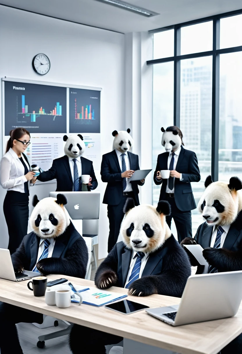 A group of pandas dressed in business suits, working in a modern office. One panda is giving a presentation with a chart, while others are typing on computers and holding coffee mugs. The scene is both professional and hilariously out of place