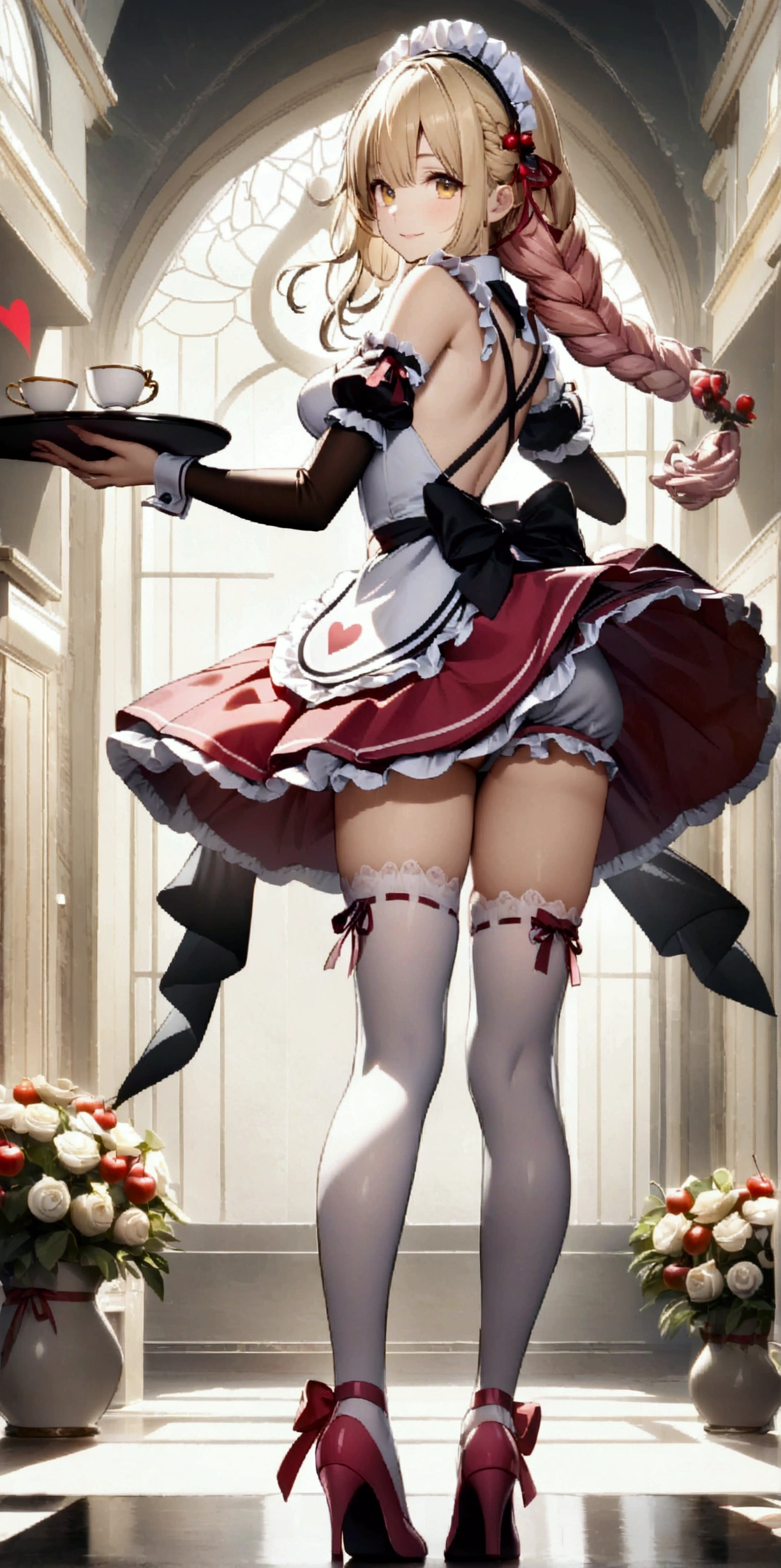 ((32k)), ((best quality)), ((ultra high res)), ((HDR)), ((UHD)), ((extremely detailed CG)), ((unity 32k wallpaper)), 1girl, solo, long hair, looking at viewer, smile, blonde hair, hair ornament, thighhighs, dress, bow, ribbon, holding, (medium breasts), full body, yellow eyes, pink hair, braid, flower, heart, frills, detached sleeves, food, looking back, high heels, white thighhighs, cup, maid headdress, sideboob, fruit, ribbon trim, tray, teacup, pink footwear, teapot, holding tray, cherry, ribbon-trimmed legwear,