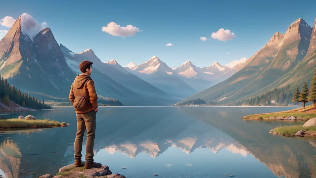 a man standing in front of a scenic lake, mountains in the distance, beautiful landscape of canada, 1 man, detailed facial features, detailed clothing, ultra detailed, 8k, photorealistic, dramatic lighting, warm color palette, cinematic composition, wide angle, nature, tranquil, serene, idyllic, majestic mountains, reflection in water, dramatic sky, golden hour