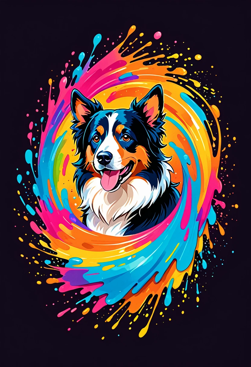 A logo for a t-shirt with Colorful illustration with many cute border collies, At the center, swirly vibrant colors, paint splashes and smears, high détail,black backdrop
