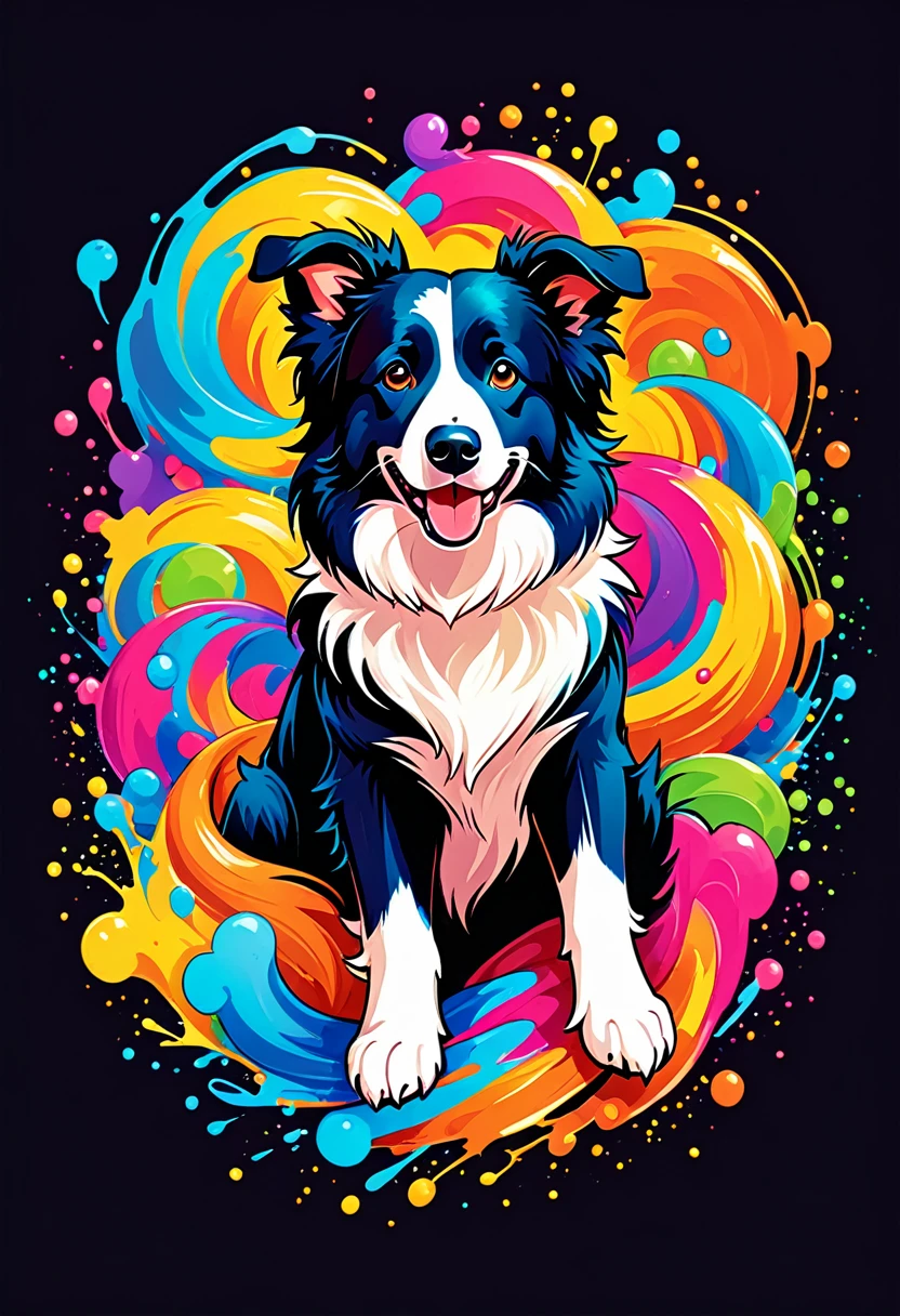 A logo for a t-shirt with Colorful illustration with many cute border collies, At the center, swirly vibrant colors, paint splashes and smears, high détail,black backdrop