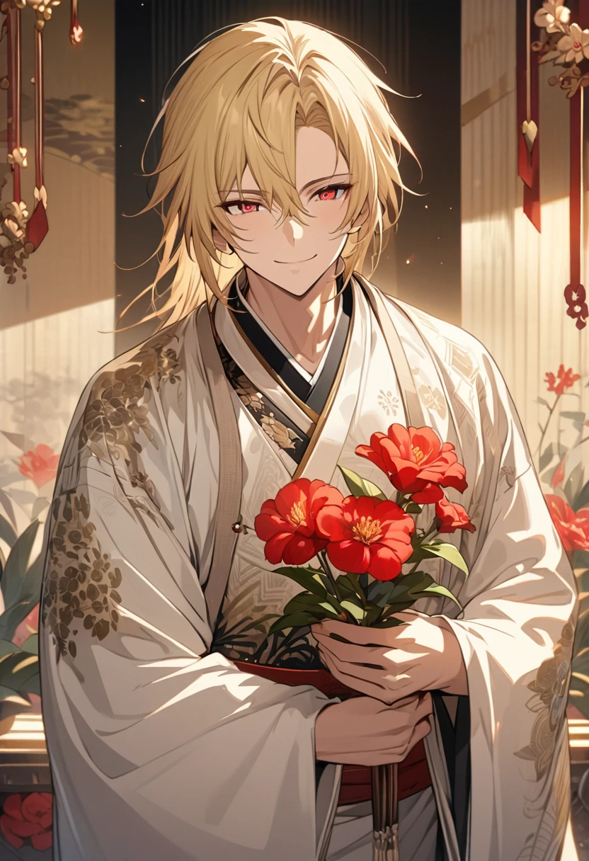 (masterpiece, Very detailed, Exquisite, beautiful, Full HD, High resolution, Absurd) Chikage Kazama、alone, male, A detailed anime-style illustration of a beautiful male character. He has golden hair and sharp red eyes, and he is wearing a white kimono with floral patterns. He is holding a red flower in his hand and smiling. The background is simple with floral designs. The overall mood should be calm and enchanting, with soft lighting to emphasize the delicate features of the character.