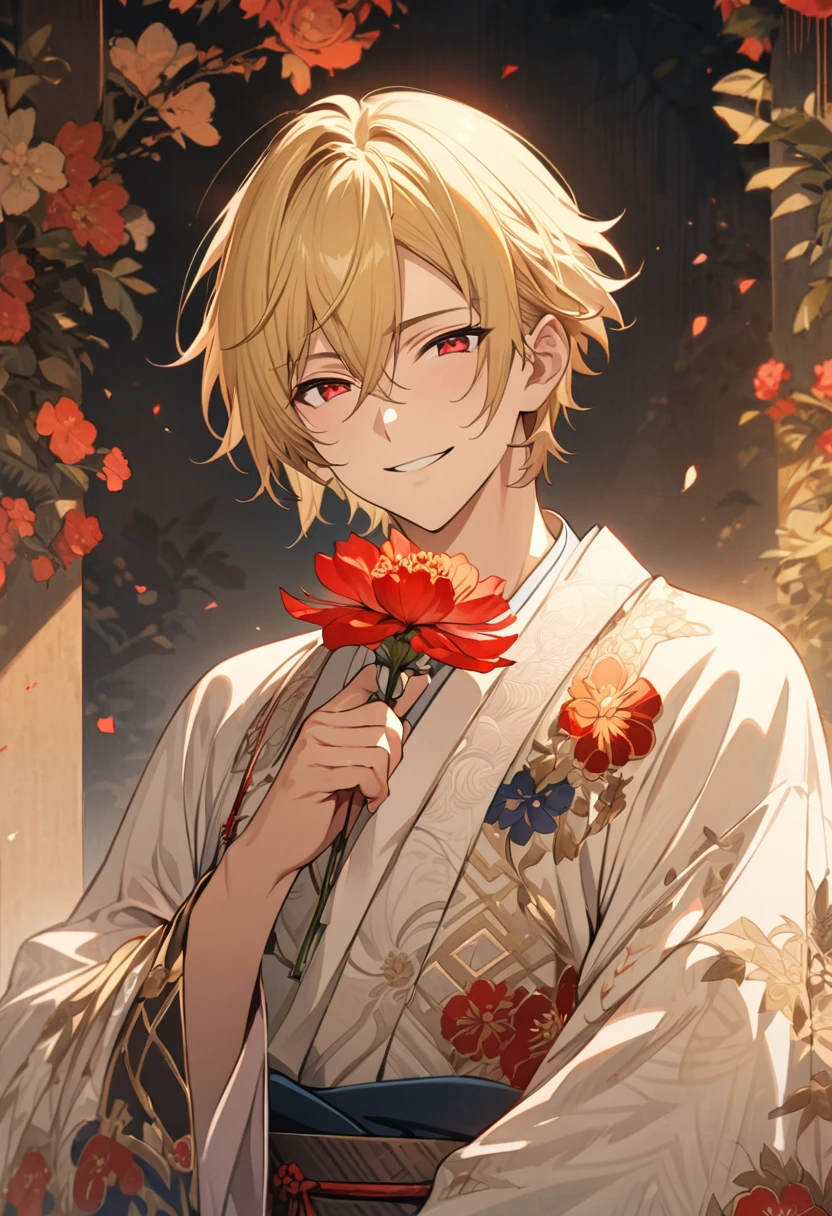 (masterpiece, Very detailed, Exquisite, beautiful, Full HD, High resolution, Absurd) Chikage Kazama、alone, male, A detailed anime-style illustration of a beautiful male character. He has golden hair and sharp red eyes, and he is wearing a white kimono with floral patterns. He is holding a red flower in his hand and smiling. The background is simple with floral designs. The overall mood should be calm and enchanting, with soft lighting to emphasize the delicate features of the character.