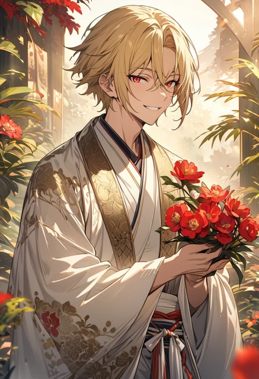 (masterpiece, Very detailed, Exquisite, beautiful, Full HD, High resolution, Absurd) Chikage Kazama、alone, male, A detailed anime-style illustration of a beautiful male character. He has golden hair and sharp red eyes, and he is wearing a white kimono with floral patterns. He is holding a red flower in his hand and smiling. The background is simple with floral designs. The overall mood should be calm and enchanting, with soft lighting to emphasize the delicate features of the character.