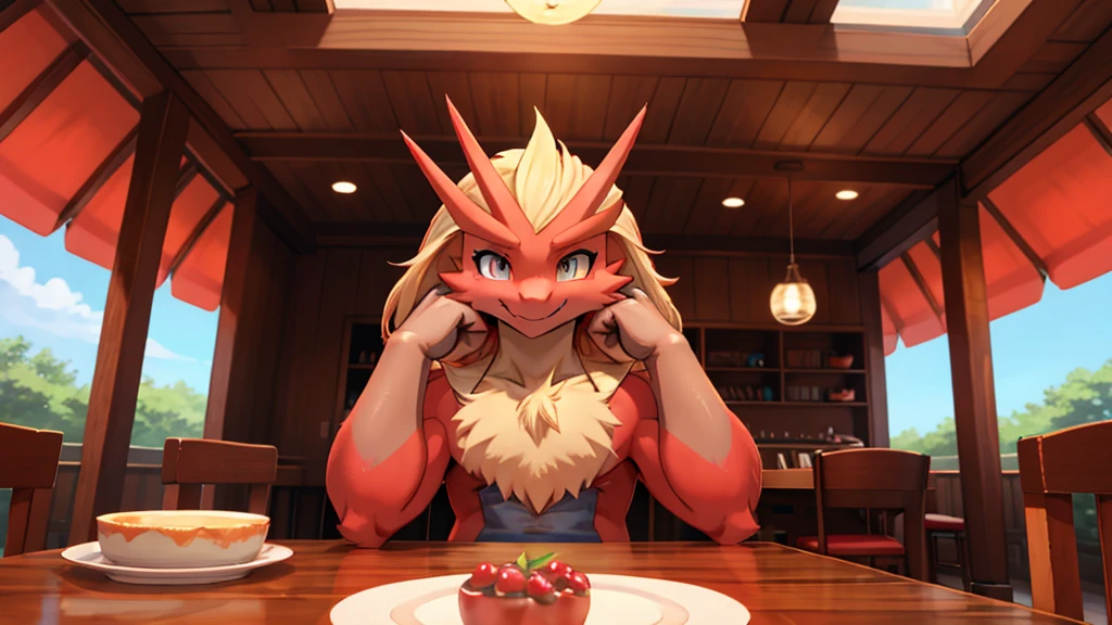 Blaziken, perspective from front. Solo. Holding up my chin wjth the backs of my hands, sitting at a table, cute, warm smile