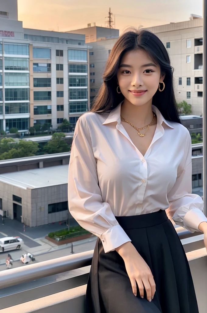 Rooftop of university building, 4th year university student, ((full body)), ((photo)), ((best qualtiy, 8K, tmasterpiece:1.3)), Focus:1.2, perfect figure beautiful girl:1.4, 1girl, cowboy shot, look at viewer, eyes facing the camera, incredibly absurd, beautiful and cute girl with a photorealistic face, showcasing top-quality craftsmanship, A Japanese girl watching the sunset on the roof of a university building, 19 years old, long, straight, silky black hair, fair skin, big eyes, thin eyebrows, double eyelids, long eyelashes, pink lips, smile, devilish smile, gorgeous features, well-defined facial features, beautiful face line, mysterious beauty, slender, tall, well-balanced proportions, large E-cup breasts, white shirt, tight black skirt, beige pumps, gold necklace and bracelet, small earrings, elegant ring, pretty girl, beauty, devilish type, pretty older sister, passionate about art, sociable, friendly, positive, has leadership skills, is proactive, is flexible, gets things done efficiently, works hard towards dreams and goals, March