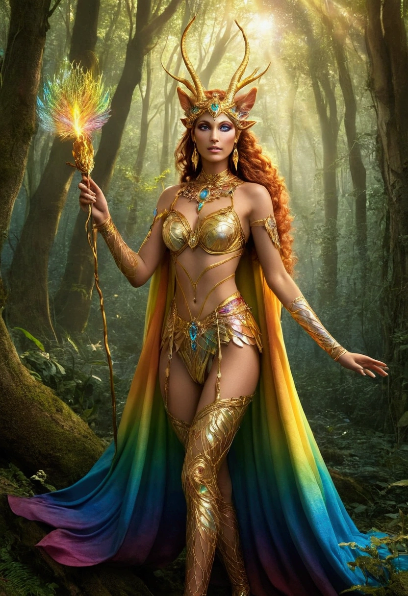 A beautiful, enchantingly elusive humanoid faunus woman, every aspect exudes magic in the midst of danger: shimmering rainbow fur, ethereal golden horn, and eyes that seem to hold the secrets of the universe. The mystical creature is surrounded by a lush, enchanted forest, bathed in the soft light of the setting sun, creating a dreamlike atmosphere that transports viewers to a realm of fantasy and wonder. This breathtaking image is a digital painting that captures the essence of the mythical creature with stunning detail and masterful technique, making it a truly mesmerizing work of art.