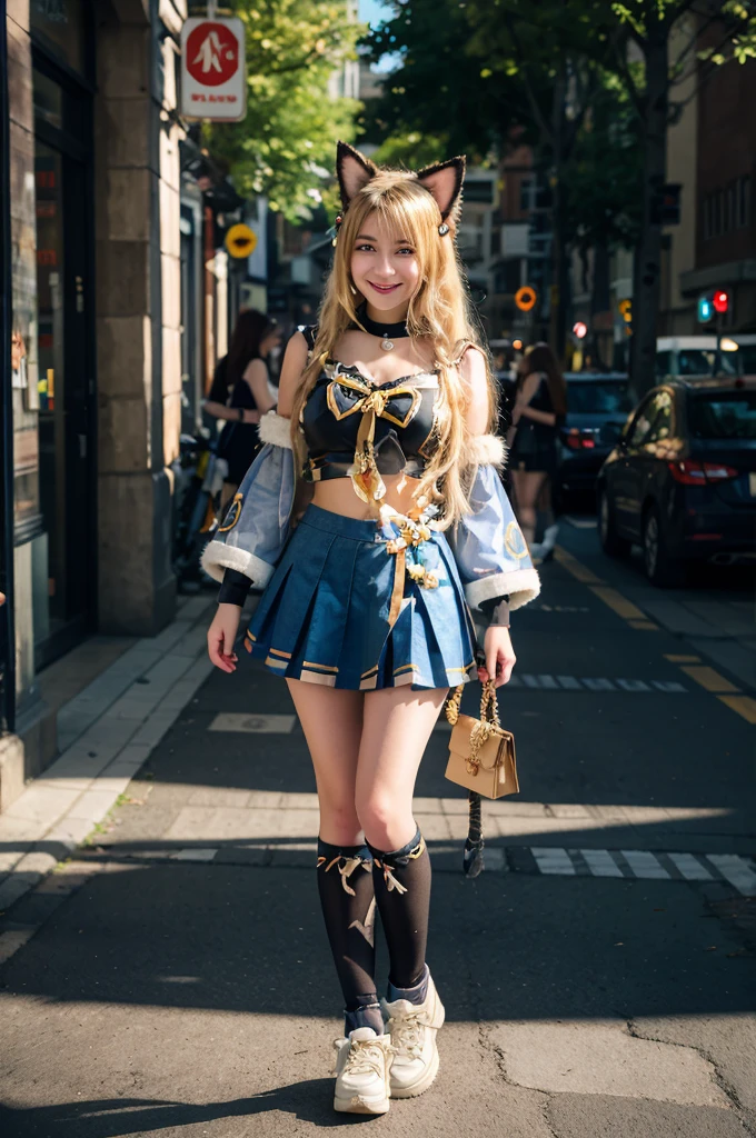 best quality, masterpiece, photorealistic, 1girl, solo, standing, full body, (looking at viewer:1.2), closed mouth, smile, kirara cosplay costume, kirara, cosplay, blonde hair, long hair, hair ornament, sailor collar, crop top, detached sleeves, skirt, cat ears, cat tail, animal ears, leg warmers, fur-trimmed shoes,
