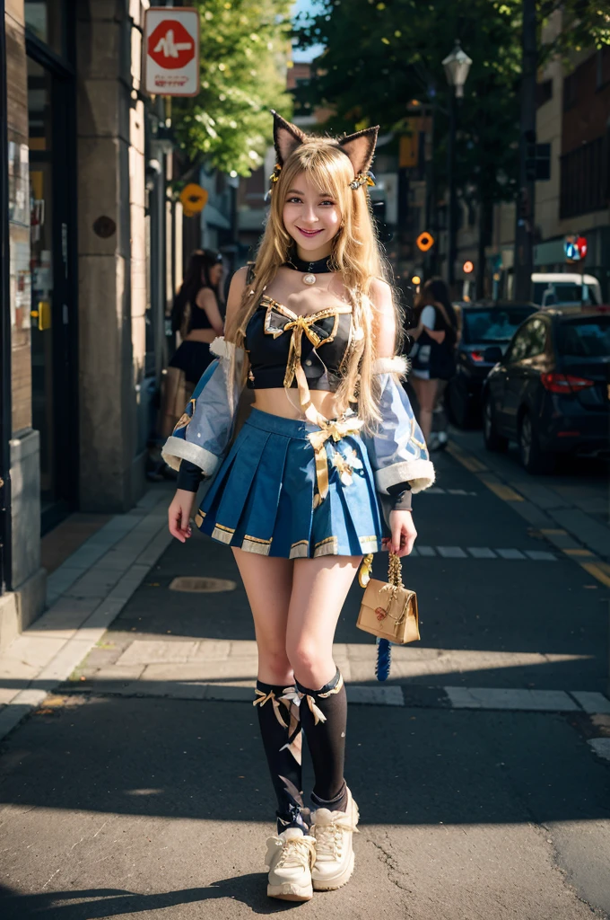 best quality, masterpiece, photorealistic, 1girl, solo, standing, full body, (looking at viewer:1.2), closed mouth, smile, kirara cosplay costume, kirara, cosplay, blonde hair, long hair, hair ornament, sailor collar, crop top, detached sleeves, skirt, cat ears, cat tail, animal ears, leg warmers, fur-trimmed shoes, 