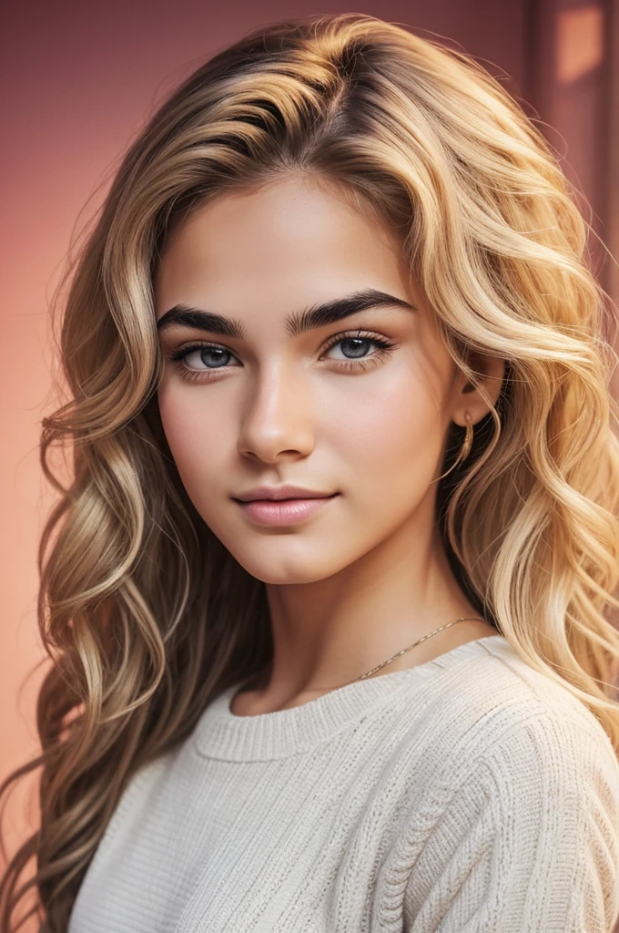 He is light colored, her hair is long wavy, has a thin face, his eyebrows are thick, beautiful, His eyes are honey colored, His eyelashes are long, his nose is thin, Her lips are full and pink, he is thin, wear casual clothes, he is American, he is 22 years old, He has cute gestures, his expression is love, gives a vibe of love, He has a look of knowing more about him, He is a Taurus sign., digital illustration of books. digital art