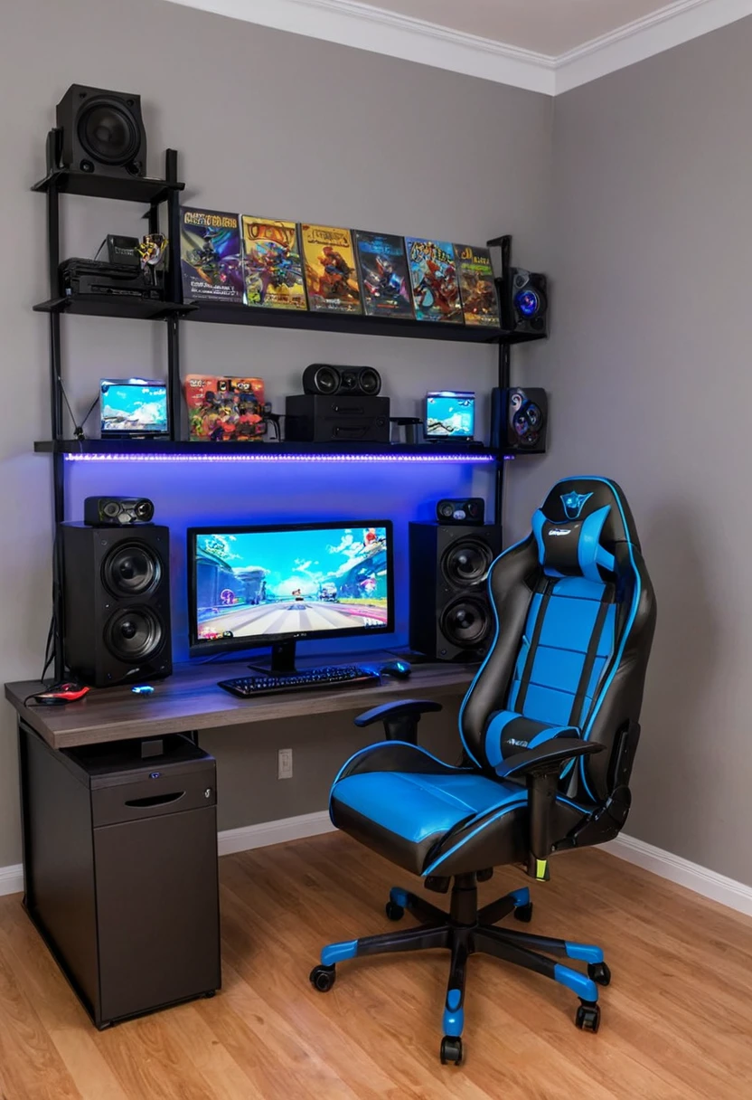 create_room --style gamer --dimensions 20x15 --theme RGB --furniture "gaming chair, gaming desk, LED lights" --decor "posters of favorite games, gaming console display shelf" --extras "surround sound system, gaming PC setup"