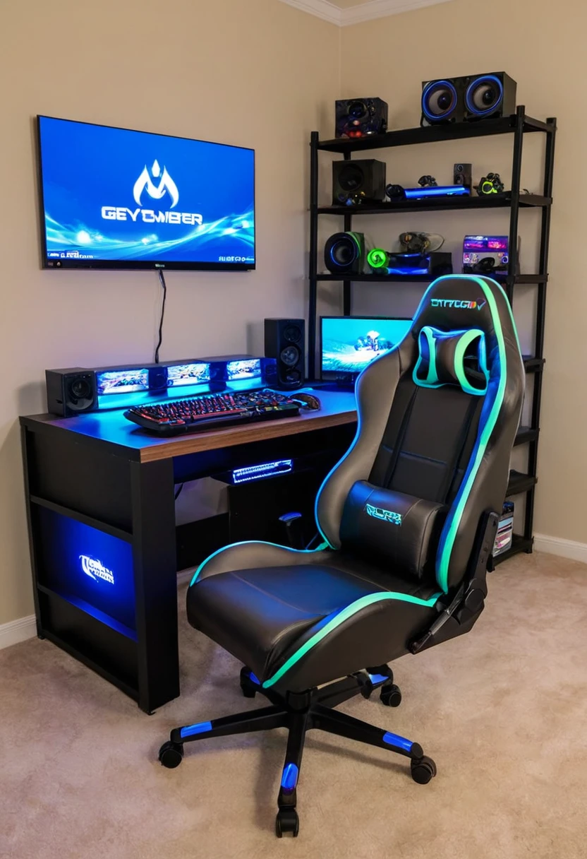 create_room --style gamer --dimensions 20x15 --theme RGB --furniture "gaming chair, gaming desk, LED lights" --decor "posters of favorite games, gaming console display shelf" --extras "surround sound system, gaming PC setup"
