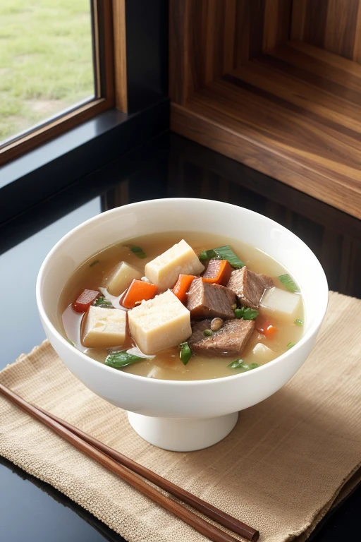 I wanted a photo of a cassava broth like meat,in a transparent glass bowl so that the image has a pleasant atmosphere