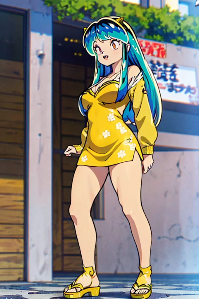 beautiful detailed eyes, beautiful detailed lips, extremely detailed eyes and face, longeyelashes, 1girl, Lum, Urusei Yatsura, yellow dress, pink cardigan, sharp teeth, standing, smiling, martial arts, large breasts, sandals, open mouth, best quality, 4k, 8k, highres, masterpiece:1.2, ultra-detailed, realistic, photorealistic, photo-realistic:1.37, HDR, UHD, studio lighting, ultra-fine painting, sharp focus, physically-based rendering, extreme detail description, professional, vivid colors, bokeh, anime, colorful