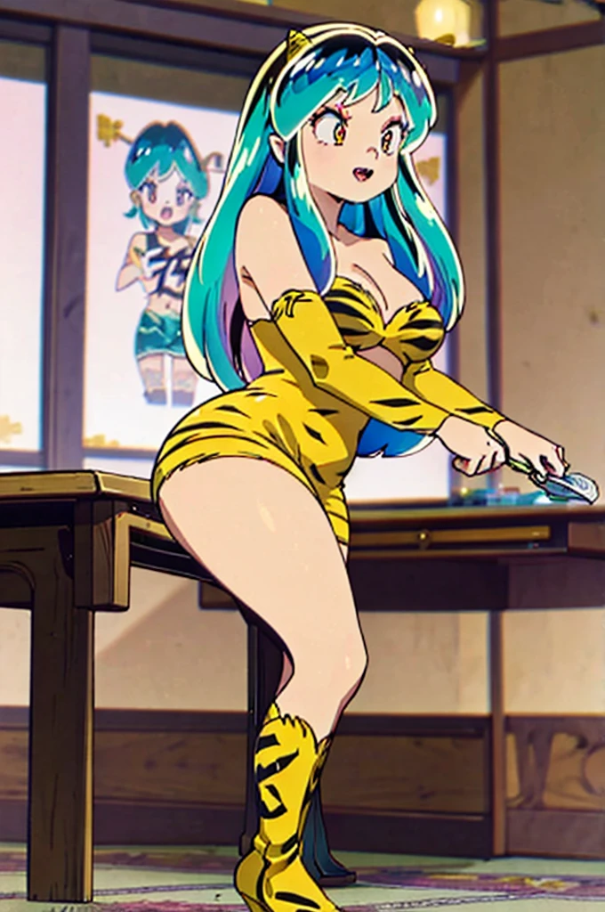 beautiful detailed eyes, beautiful detailed lips, extremely detailed eyes and face, longeyelashes, 1girl, Lum, Urusei Yatsura, yellow dress, pink cardigan, sharp teeth, standing, smiling, martial arts, large breasts, sandals, open mouth, best quality, 4k, 8k, highres, masterpiece:1.2, ultra-detailed, realistic, photorealistic, photo-realistic:1.37, HDR, UHD, studio lighting, ultra-fine painting, sharp focus, physically-based rendering, extreme detail description, professional, vivid colors, bokeh, anime, colorful