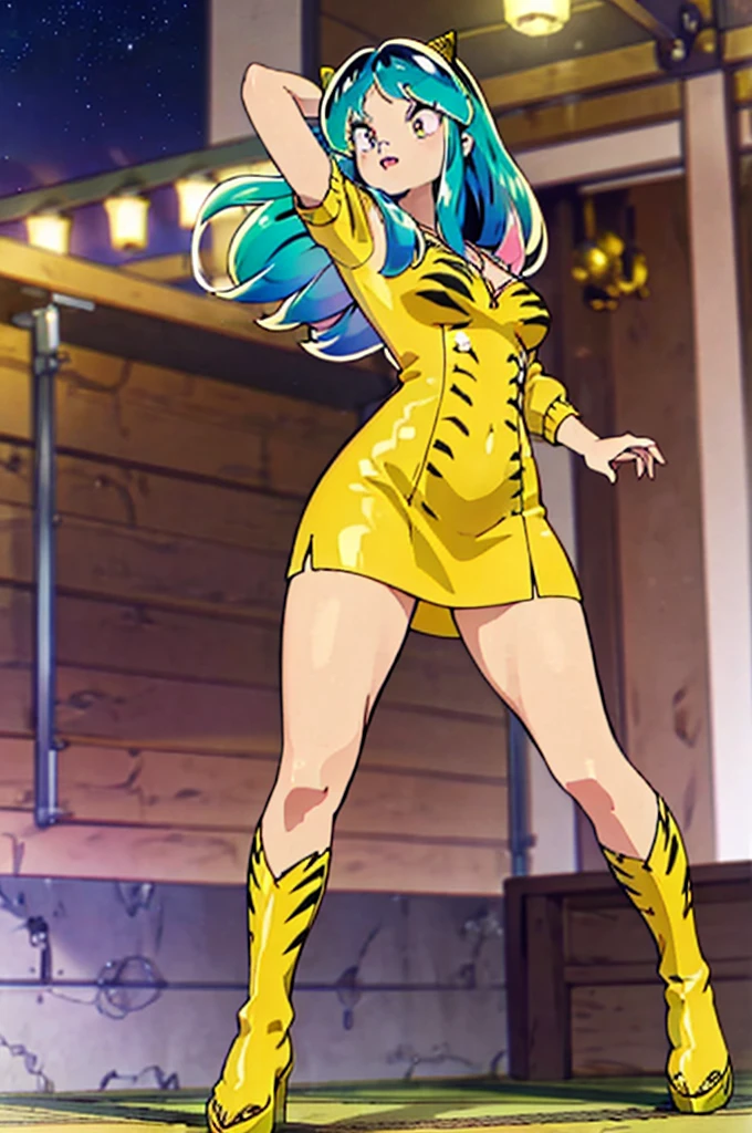 beautiful detailed eyes, beautiful detailed lips, extremely detailed eyes and face, longeyelashes, 1girl, Lum, Urusei Yatsura, yellow dress, pink cardigan, sharp teeth, standing, smiling, martial arts, large breasts, sandals, open mouth, best quality, 4k, 8k, highres, masterpiece:1.2, ultra-detailed, realistic, photorealistic, photo-realistic:1.37, HDR, UHD, studio lighting, ultra-fine painting, sharp focus, physically-based rendering, extreme detail description, professional, vivid colors, bokeh, anime, colorful