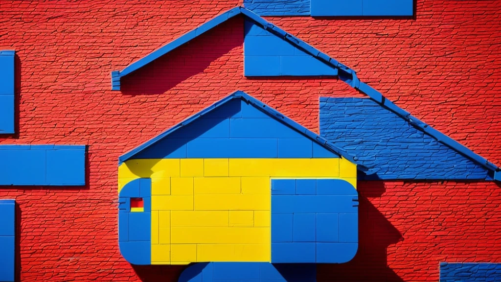 a close-up of a house with a red roof and a blue and yellow house, Red - yellow - blue building, logo without text, minimalist logo without text, using lego pieces to layout
