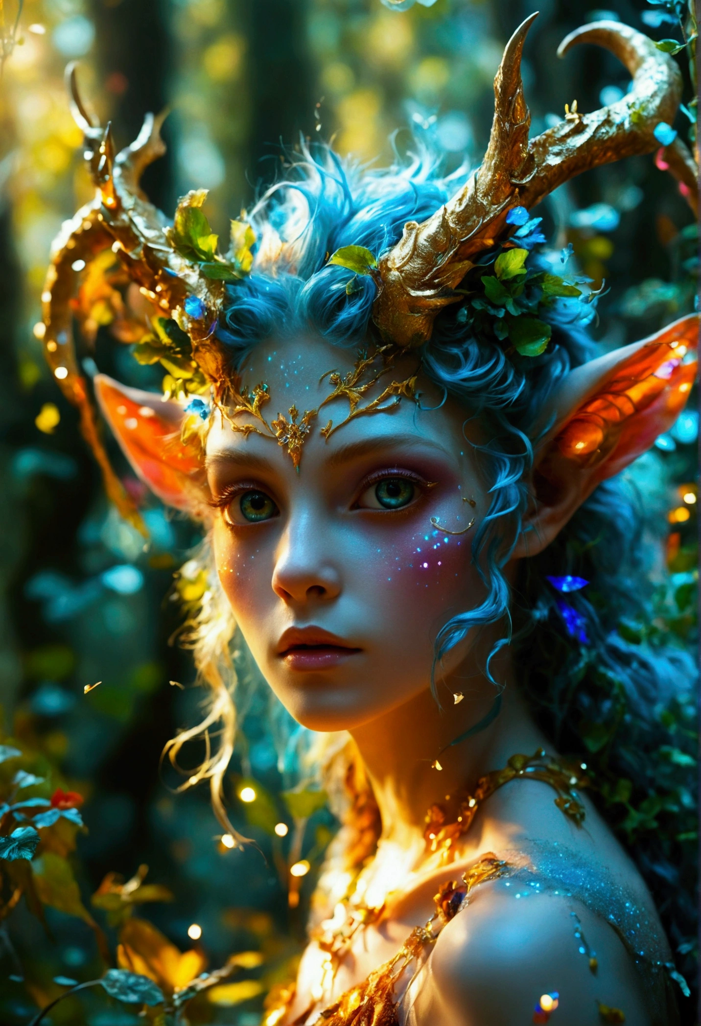 A beautiful, enchantingly elusive humanoid faun, every aspect exudes magic in the midst of danger: shimmering rainbow fur, ethereal golden horn, and eyes that seem to hold the secrets of the universe. The mystical creature is surrounded by a lush, enchanted forest, bathed in the soft light of the setting sun, creating a dreamlike atmosphere that transports viewers to a realm of fantasy and wonder. This breathtaking image is a digital painting that captures the essence of the mythical creature with stunning detail and masterful technique, making it a truly mesmerizing work of art.