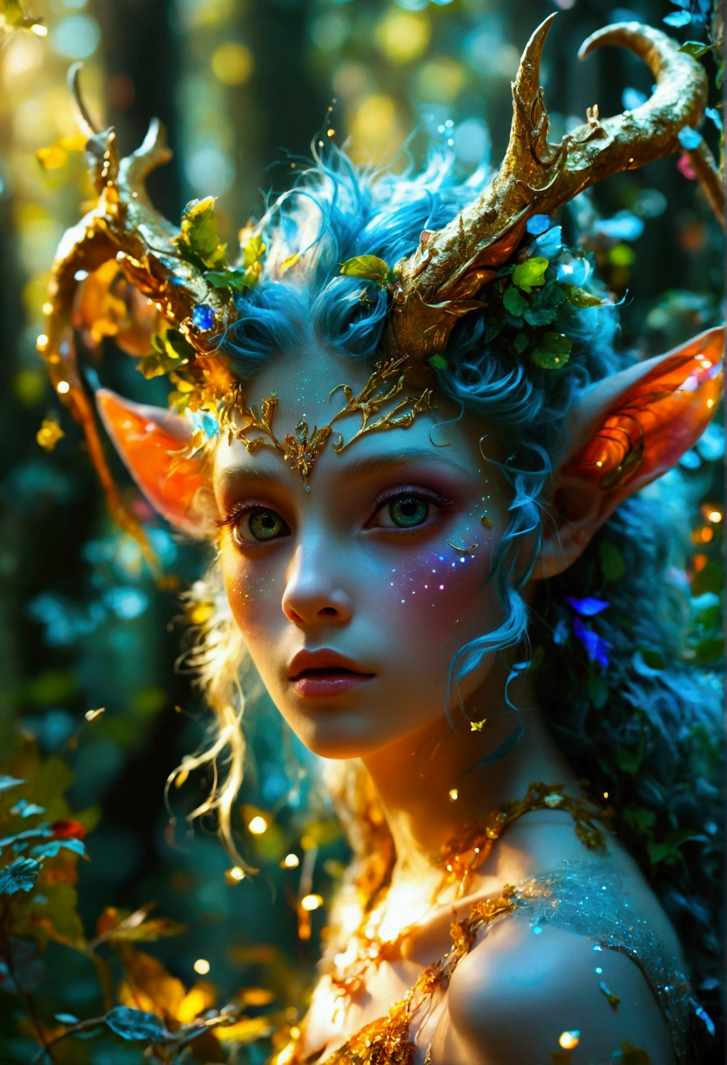 A beautiful, enchantingly elusive humanoid faun, every aspect exudes magic in the midst of danger: shimmering rainbow fur, ethereal golden horn, and eyes that seem to hold the secrets of the universe. The mystical creature is surrounded by a lush, enchanted forest, bathed in the soft light of the setting sun, creating a dreamlike atmosphere that transports viewers to a realm of fantasy and wonder. This breathtaking image is a digital painting that captures the essence of the mythical creature with stunning detail and masterful technique, making it a truly mesmerizing work of art.