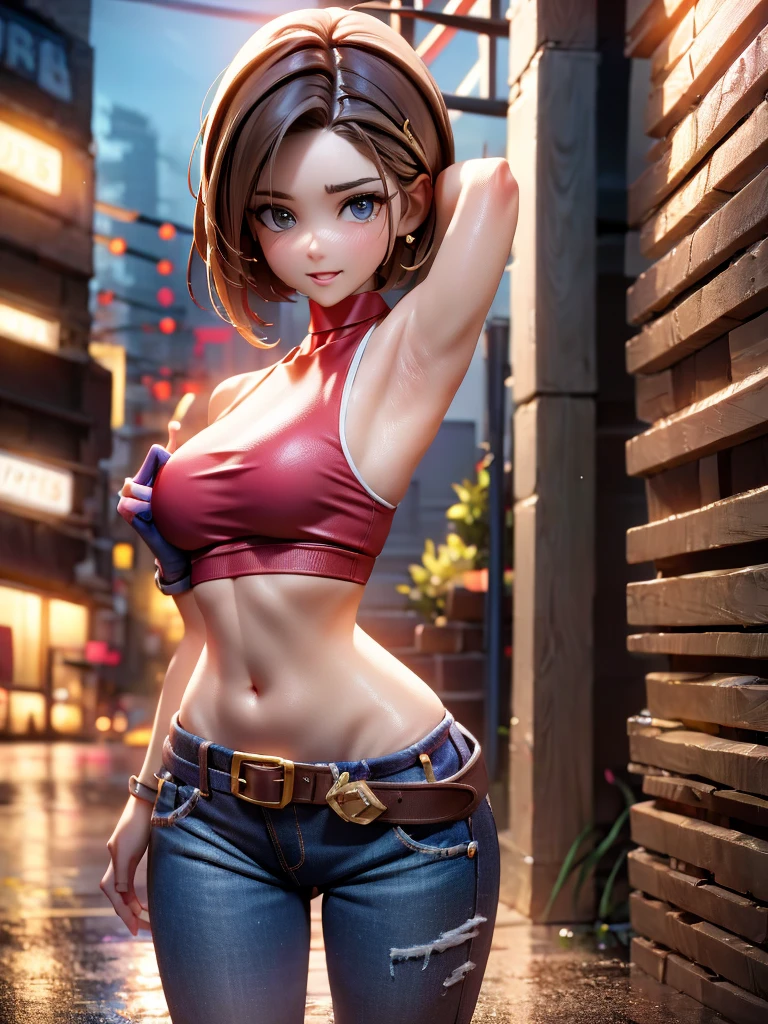 30 year old woman, alone, athletic, by the semi-cut ruby, she is wearing a tight red crop top, he wears blue jogger pants, has two belts, one small and the other a large belt hanging from his brown waist., wears blue fingerless gloves , he wears brown boots, smile at the viewer, points at the viewer, There is a little brown dog with white spots with her, high resolution, absurd, intricate, sharp focus, a New York alley in the background, Best Quality, Masterpiece, high resolution, Perfect picture, Very detailed, High contrast, Digital colors, simple, medium shot, cinematographic, ultra sharp focus, award-winning photography, perFect contrast, high sharpness, depth of field, ultra detailed photography, global illumination, fluid, ultra high definition, 8k, unreal engine 5, ultra-sharp focus, award-winning photography, Art Season Trends,
