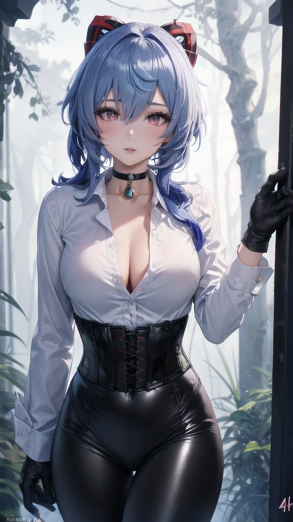 Masterpiece, Beautiful art, professional artist, 8k, sleeping expression, very detailed face, Detailed clothing, detailed fabric, 1 girl, Hiring, (genshin impact), View from the front, standing, perfectly drawn body, pale skin, shy expression, beautiful face, agregar cuernos de Hiring en la cabeza, Long sky blue hair, 4k eyes, very detailed eyes, pink cheeks, choker:1.6, (white long sleeve button down shirt with white collar), black gloves, gloves that cover hands, (black leather corset), (shiny black leggings), Sensual Lips, show details in the eyes, dark forest, at night, Atmosphere, fog