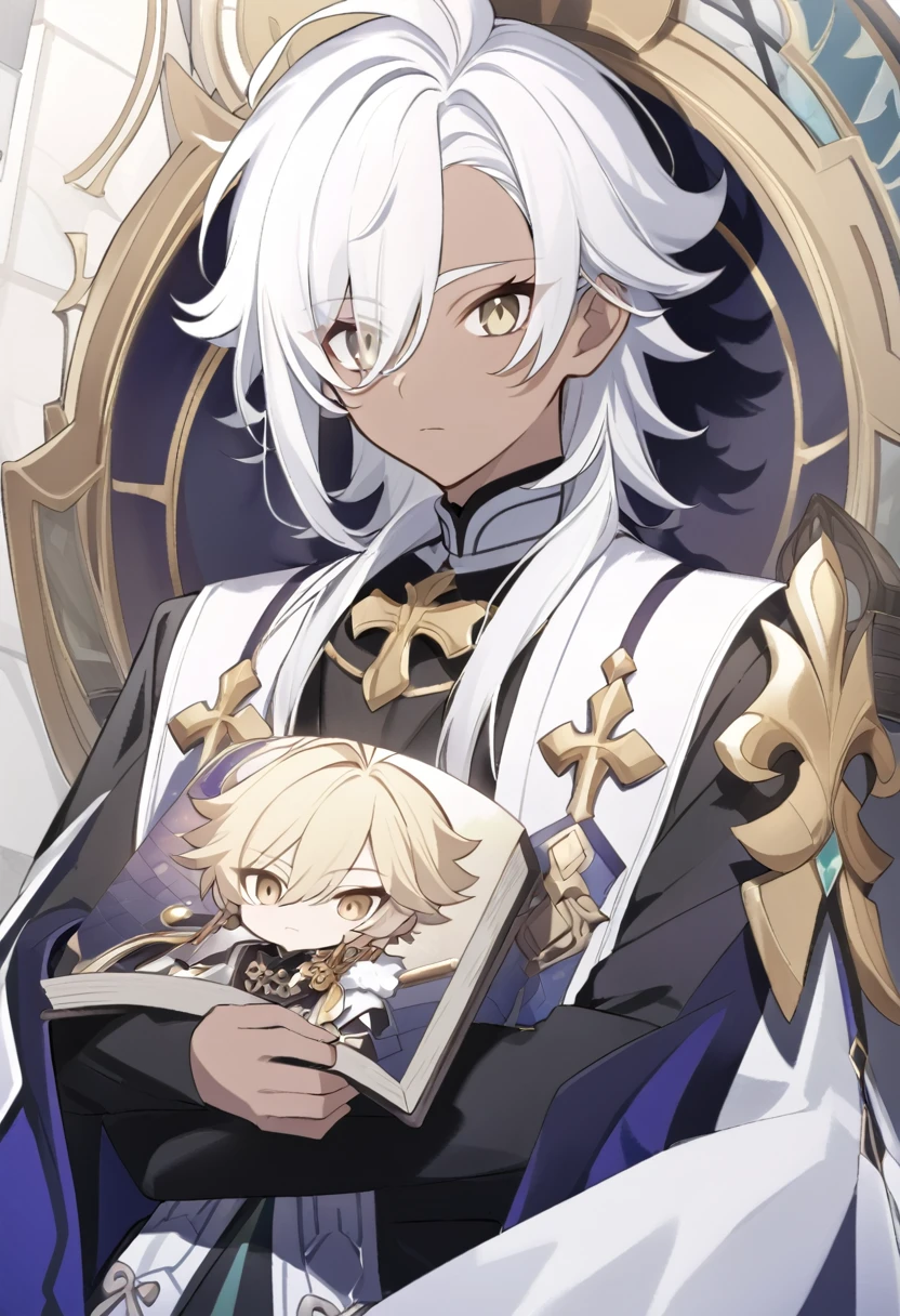 アニメ, um homem com white  hair e longos com uma fraja no dado direito e um livro nas mãos, brunette skin, 37 years old, gold eyes, cute androgynous prince, delicate androgynous prince, white  hair deity, handsome guy in demon slayer art, genshin, photo of a male cleric, white  hair, portrait of thancred, arte detalhada de personagem de アニメ