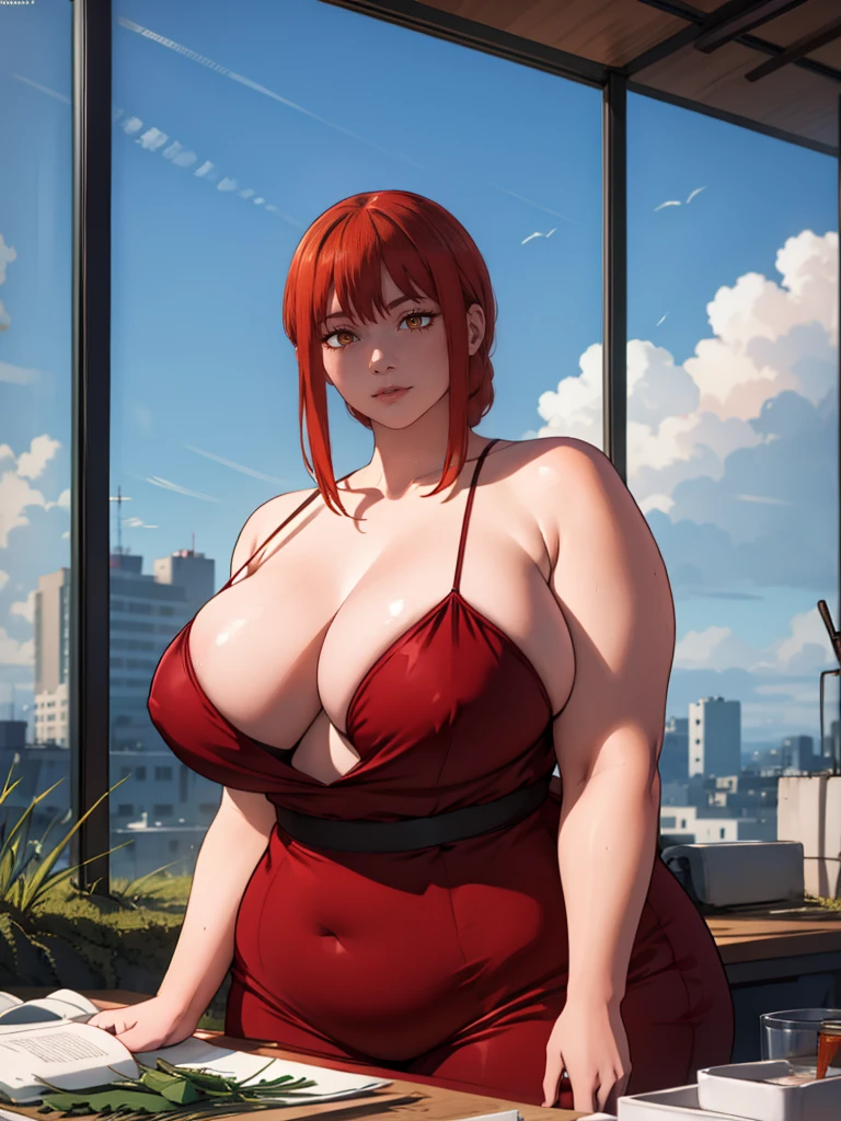 Personnage de Makila (chainsaw man) rousses cheveux rouges obèses qui se regardent avec amour dehors sous un ciel étoilé, sur une colline d'herbes, ventre gros et gras sorti, sexy, tendresse, cambrure, ventre qui pend, visage fermé et sévères, visages très détaillés, joues potelées et gras, double menton. Elles ont un corps très gras, ssbbw, très belles femmes