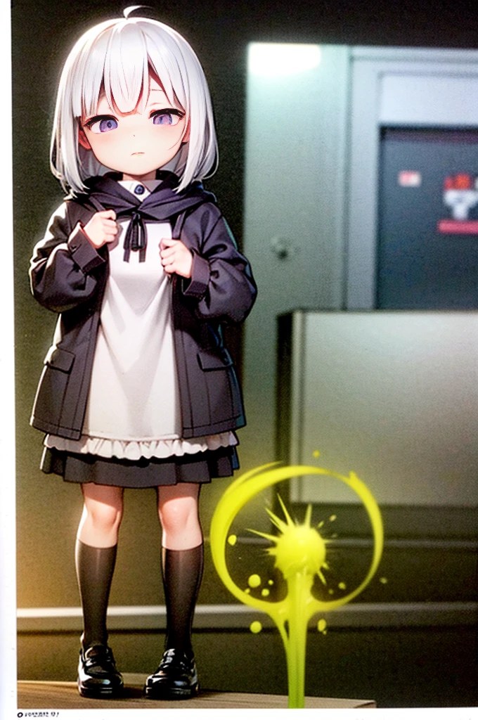 Silver Hair Bob Hair (Small breasts) (Purple Eyes) (((child))) (Slanted Eyes) (low length),(Turn around) (((solo))), Embarrassed, blush, uniform、(I'm pulling up my skirt) (((A girl farts)))Standing Knee-toed Crouching
、(Holding on)((Her butt is facing me)) ((Loli face)(((Yellow gas leaking from the anus)))(((High quality eyes)))
