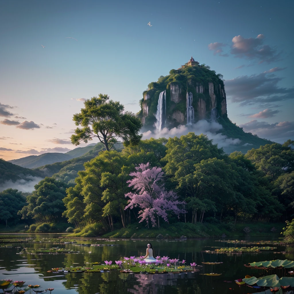 "Create a high-resolution, professional-quality illustration of a surreal dreamscape. The scene should feature a fantastical landscape blending elements of nature and imagination. Include floating islands with lush greenery, waterfalls cascading into the sky, and whimsical trees with glowing leaves. In the foreground, depict a tranquil lake reflecting the surreal surroundings with lily pads and lotus flowers. Add ethereal creatures like glowing butterflies or mystical birds flying gracefully. The sky should be a mesmerizing mix of twilight hues—deep purples, blues, and pinks—dotted with stars and wisps of clouds. Use soft, painterly textures to create a magical and otherworldly atmosphere. The overall mood should evoke wonder, tranquility, and the beauty of dreams, making it ideal for themes related to fantasy, imagination, and nature on stock photography platforms."