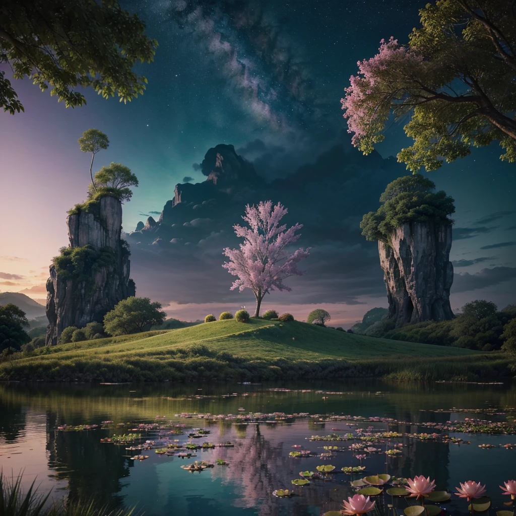 "Create a high-resolution, professional-quality illustration of a surreal dreamscape. The scene should feature a fantastical landscape blending elements of nature and imagination. Include floating islands with lush greenery, waterfalls cascading into the sky, and whimsical trees with glowing leaves. In the foreground, depict a tranquil lake reflecting the surreal surroundings with lily pads and lotus flowers. Add ethereal creatures like glowing butterflies or mystical birds flying gracefully. The sky should be a mesmerizing mix of twilight hues—deep purples, blues, and pinks—dotted with stars and wisps of clouds. Use soft, painterly textures to create a magical and otherworldly atmosphere. The overall mood should evoke wonder, tranquility, and the beauty of dreams, making it ideal for themes related to fantasy, imagination, and nature on stock photography platforms."