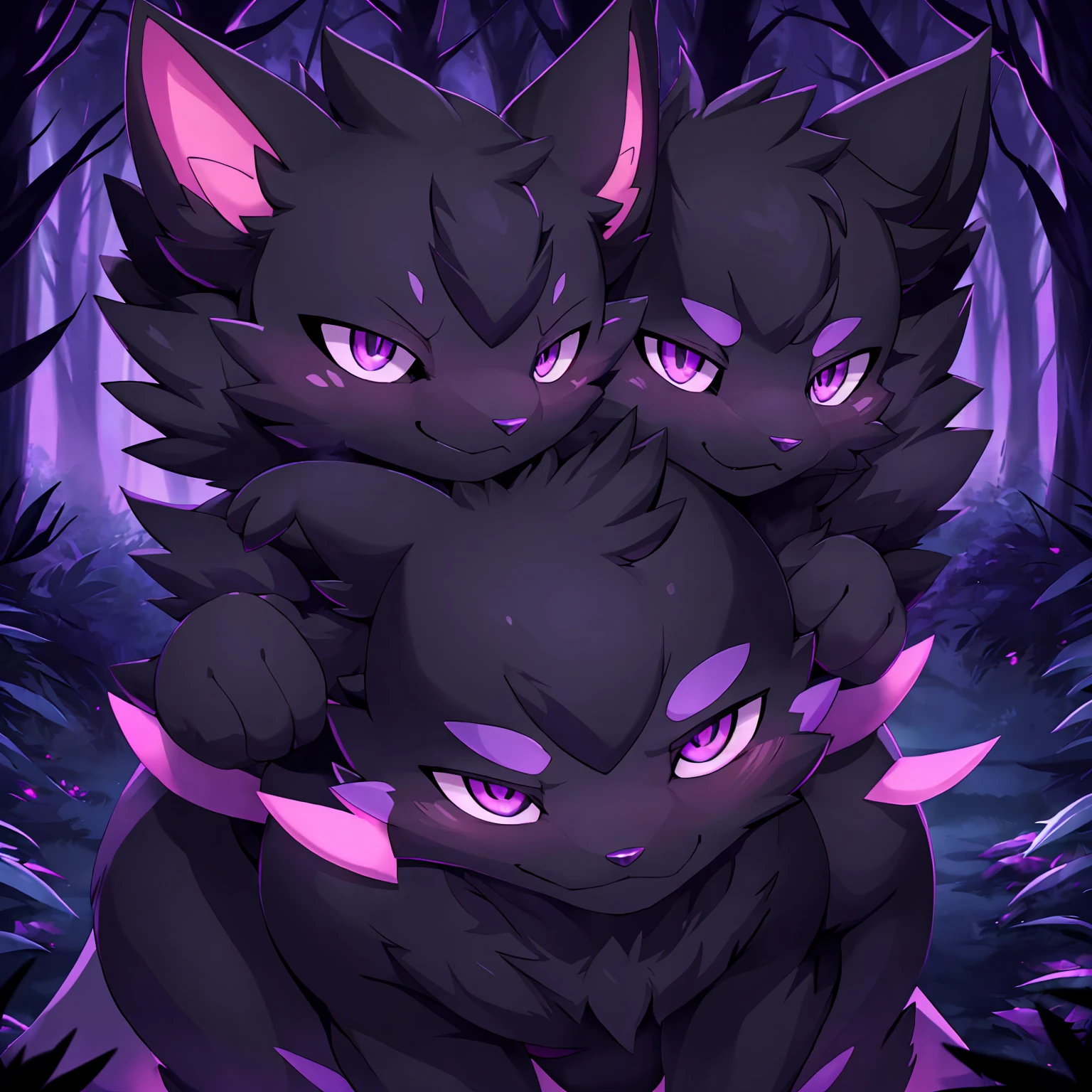 (dark type cat fakemon),quadrupedal, dark appearance, Solo,purple eyes,forest background,night, bright eyes, cute appearance,face with a slutty smile, blushing and an intimidating appearance.(maximum detail , Backlit, 4K)