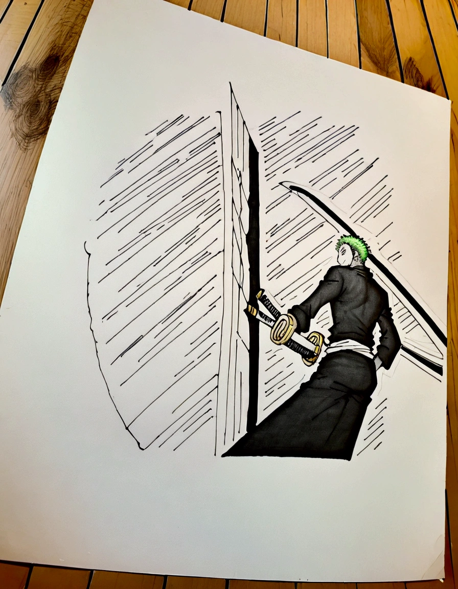 drawing of a man with a sword and a big body, extremely fine ink line, in one piece, Roronoa Zoro, ink manga drawing, Intense line art, Team Luffy 5, perfect linear, highly detailed exquisite fanart, Monochrome work!!, Detailed fanart, sharp line art, pencil and ink manga