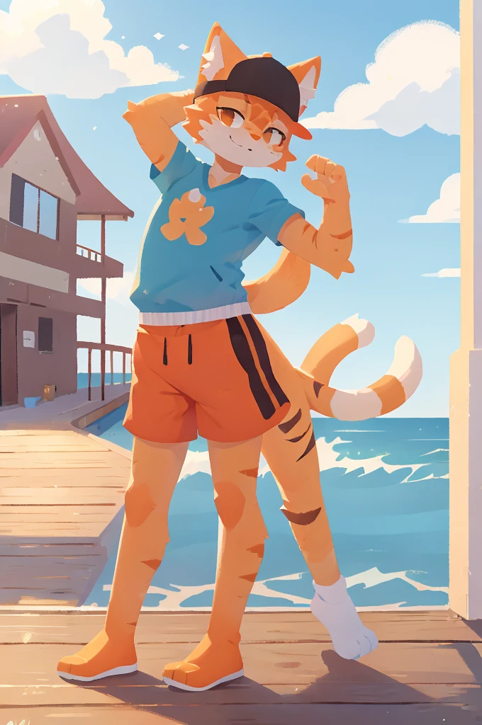 orange cat, dabbing, furry, anthro, athletic clothes, backwards hat, orange tabby, 1male, boardwalk, sfw, dab