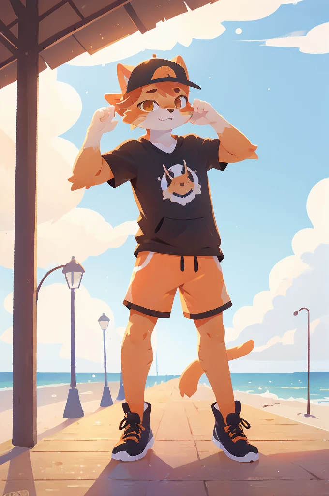 orange cat, dabbing, furry, anthro, athletic clothes, backwards hat, orange tabby, 1male, boardwalk, sfw, dab