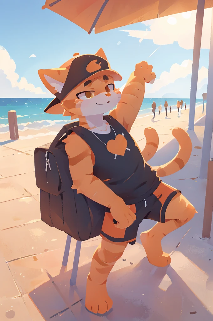 orange cat, dabbing, furry, anthro, athletic clothes, backwards hat, orange tabby, 1male, boardwalk, sfw, dab