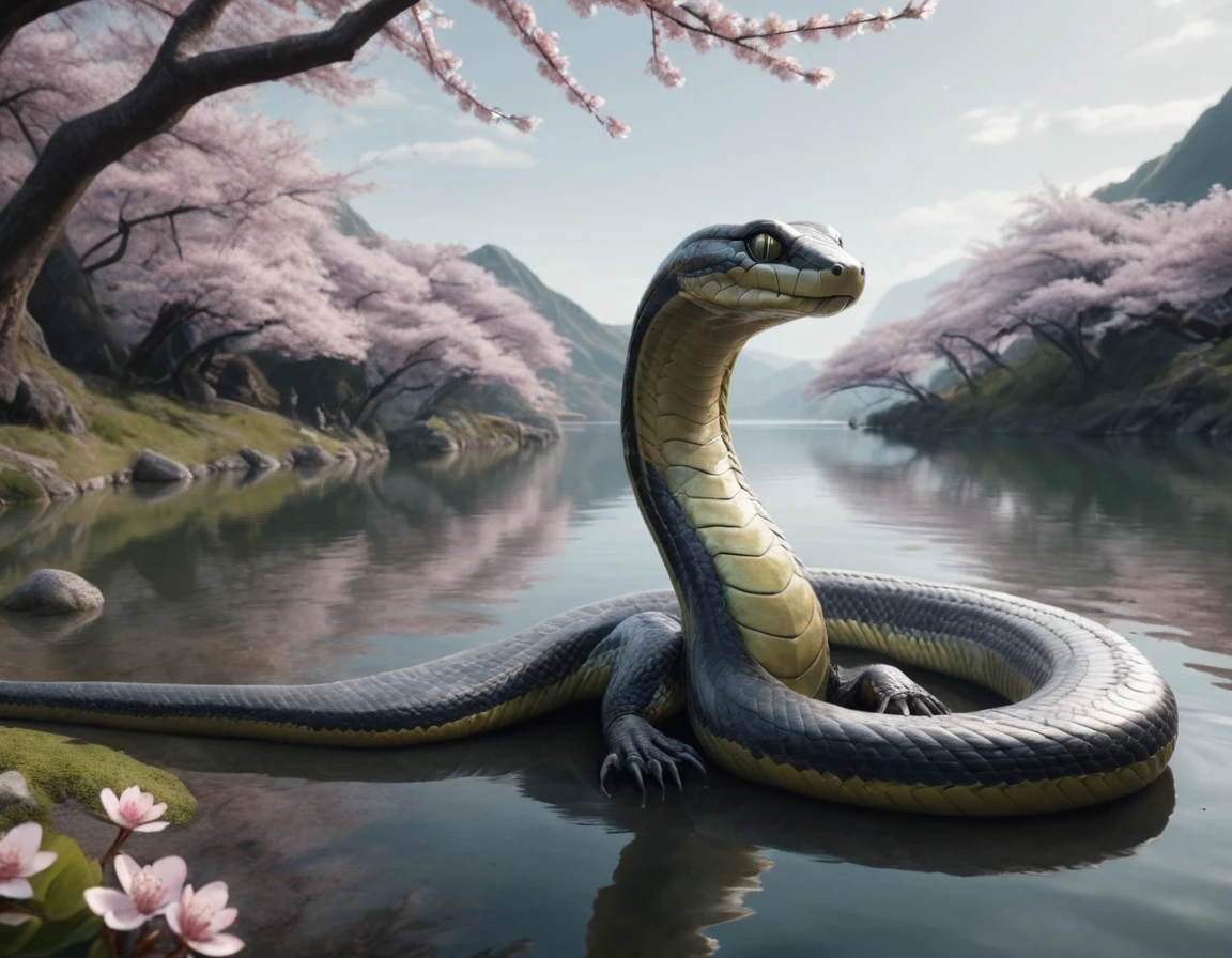 full body portrait of a realistic faint banded sea snake, cobra hybrid reptile, chartreuse green, grey, silver, black scales, mysterious lake scenery, cherry blossoms, Asia, full body, cinematic, render, 8k, unreal engine, realistic, masterpiece, high detail, full body, low life, volumetric lighting