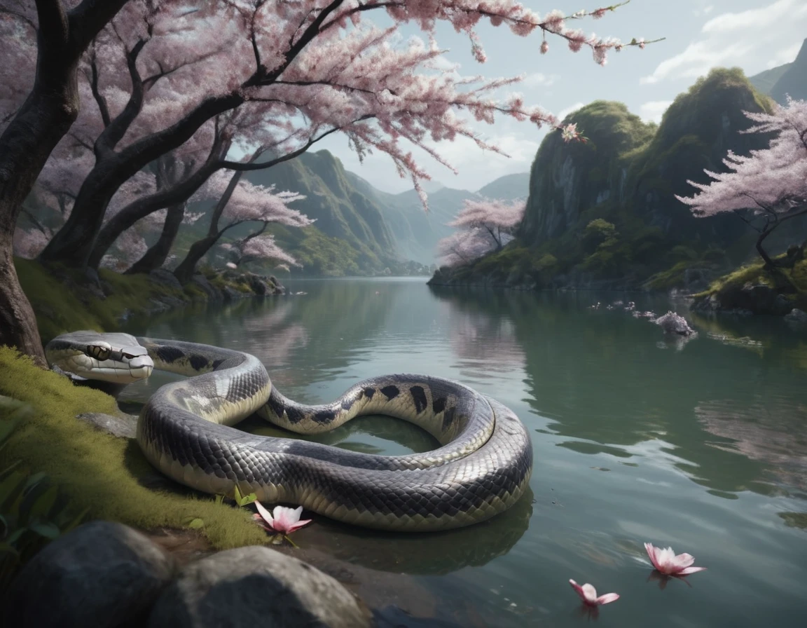 full body portrait of a realistic faint banded sea snake, cobra hybrid reptile, chartreuse green, grey, silver, black scales, mysterious lake scenery, cherry blossoms, Asia, full body, cinematic, render, 8k, unreal engine, realistic, masterpiece, high detail, full body, low life, volumetric lighting