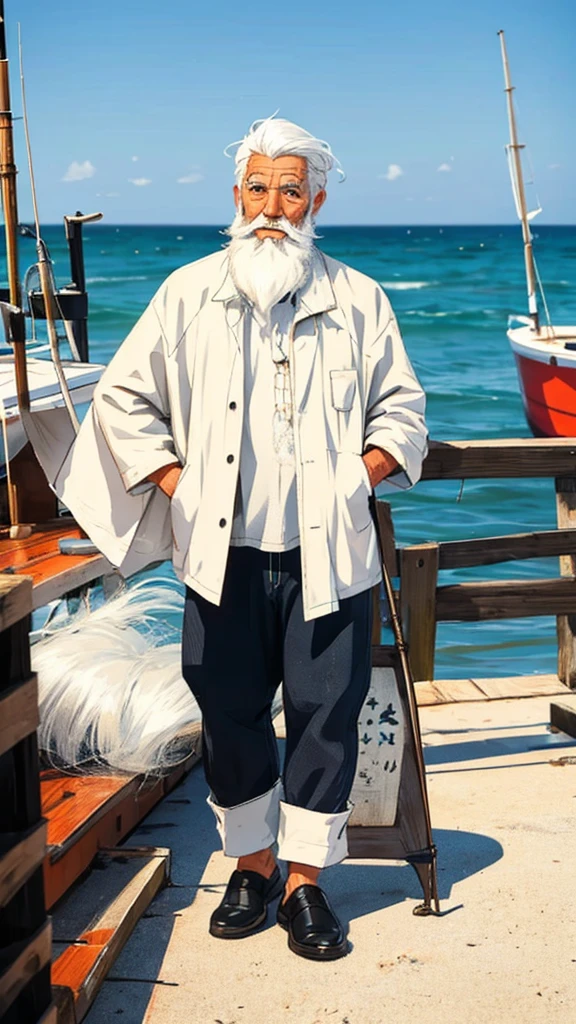 An old fisherman standing on his fishing boat, navigant sur la mer, white hair and beard, full body, style manga, animated