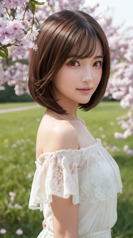 One Girl、（beautiful girl、Delicate girl：1.3）、（21 years old：1.3）、break、（Spring Clothes：1.3）、break、Very beautiful eyes、（Symmetrical eyes：1.3）、break、（Countless flowers、 a colorful flower field:1.3)、break、Small breasts、Brown eyes、(((bob cut)))、Show your forehead、Brown Hair、break、(Eye and facial details:1.0)、break、(masterpiece、Highest quality、Very detailed) 、Detailed face、8K）、Cowboy Shot、smile:1.4、see-through、Open your mouth a little、Off the shoulder、Round Glasses、Put your hands up