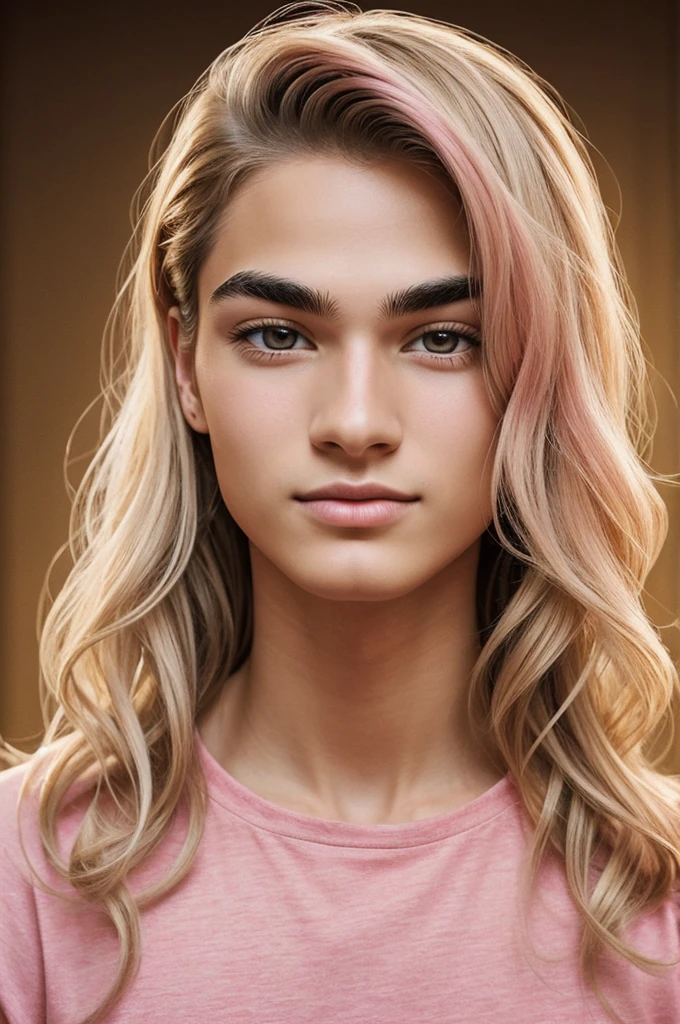 It is the masculine, he is a man , He is light colored, her hair is long wavy, has a thin face, his eyebrows are thick, beautiful, His eyes are honey colored, His eyelashes are long, his nose is thin, Her lips are full and pink, he is thin, wear casual clothes, he is American, he is 22 years old, He has cute gestures, his expression is love, gives a vibe of love, He has a look of knowing more about him, He is a Taurus sign., digital illustration of books. digital art