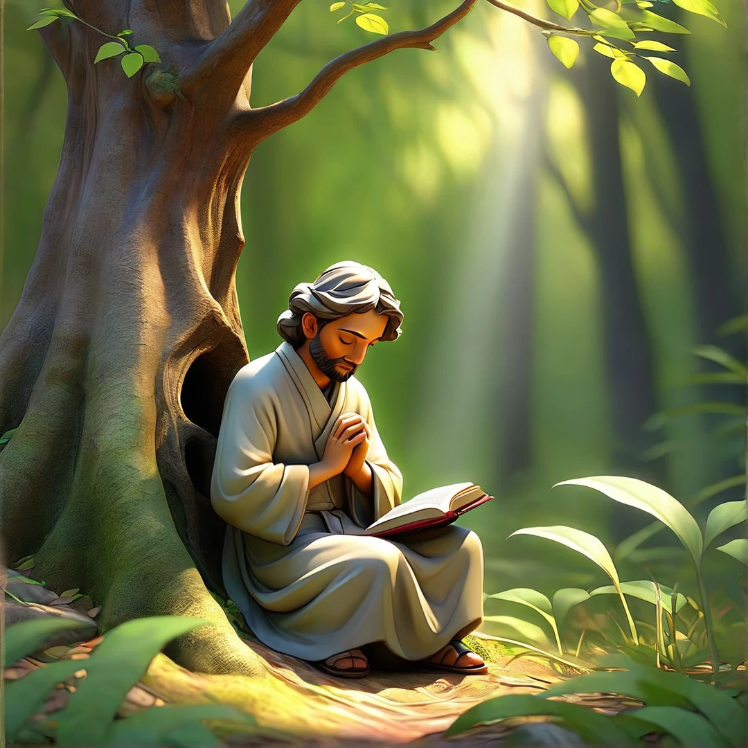 Sob a serene glass, on a peaceful day, a man in the forest , in voracious prayer. Bible in hands, words of light, Seek the comfort that faith always translates. The shadow of the tree, shelter and refreshment, A sacred encounter, an ethereal moment. With eyes closed and heart open, Pray fervently, search for the right path. Every leaf that falls, a divine whisper, Guiding your words, showing the destination. On sacred ground, your soul surrenders, To God omnipresent, his life he extends. under the tree, symbol of life and shelter, a man with bible, in an old dialogue. kneeling in prayer, her strength she renews.
