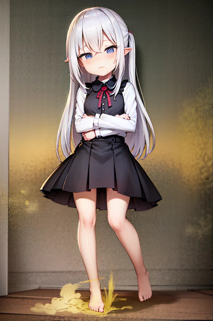 Silver Hair Bob Hair (Small breasts) (Purple Eyes) (((child))) (Slanted Eyes) (low length),(Turn around) (((solo))), Embarrassed, blush, uniform、(I'm pulling up my skirt) (((A girl farts)))Standing Knee-toed Crouching
、(Holding on)((Her butt is facing me)) ((Loli face)(((Yellow gas leaking from the anus)))(((High quality eyes)))