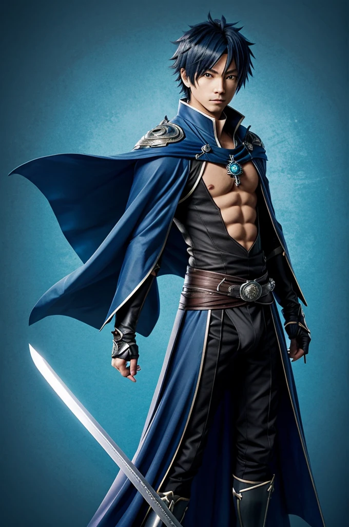 anime character with a sword and a cape on a blue background, avatar image, kirito, okata kazuto, rin, keqing from genshin impact, tsurumaki kazuya, nobutaka ike, inspired by Okumura Masanobu, arian, inspired by Yamagata Hiro, shadowverse style, shirow masamune, nude, big dick