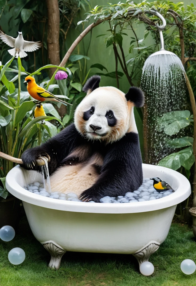 A large panda sitting in an overflowing, bubble-filled bathtub in the middle of a garden. The panda is wearing a shower cap and scrubbing its back with a loofah, while birds and other animals look on in amusement