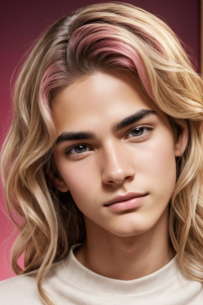 he is a man , He is light colored, her hair is medium long wavy, has a thin face, his eyebrows are thick, beautiful, His eyes are honey colored, His eyelashes are long, his nose is thin, Her lips are full and pink, he is thin, wear casual clothes, he is American, he is 22 years old, He has cute gestures, his expression is love, gives a vibe of love, He has a look of knowing more about him, He is a Taurus sign., digital illustration of books. digital art 