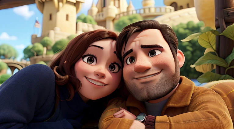 Couple hugging on a sunny day with a dammed river and a Disney-style pier