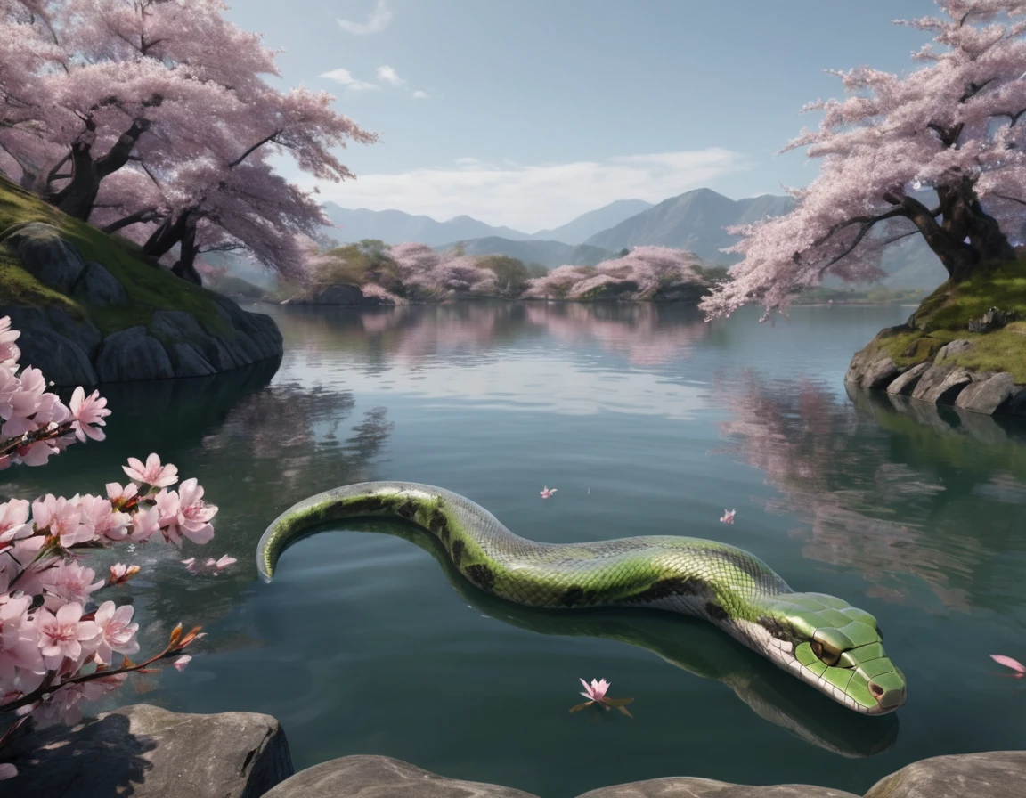 full body portrait of a realistic faint banded sea snake, cobra hybrid reptile, bright green, grey, silver, black scales, mysterious lake scenery, cherry blossoms, Asia, full body, cinematic, render, 8k, unreal engine, realistic, masterpiece, high detail, full body, low life, volumetric lighting